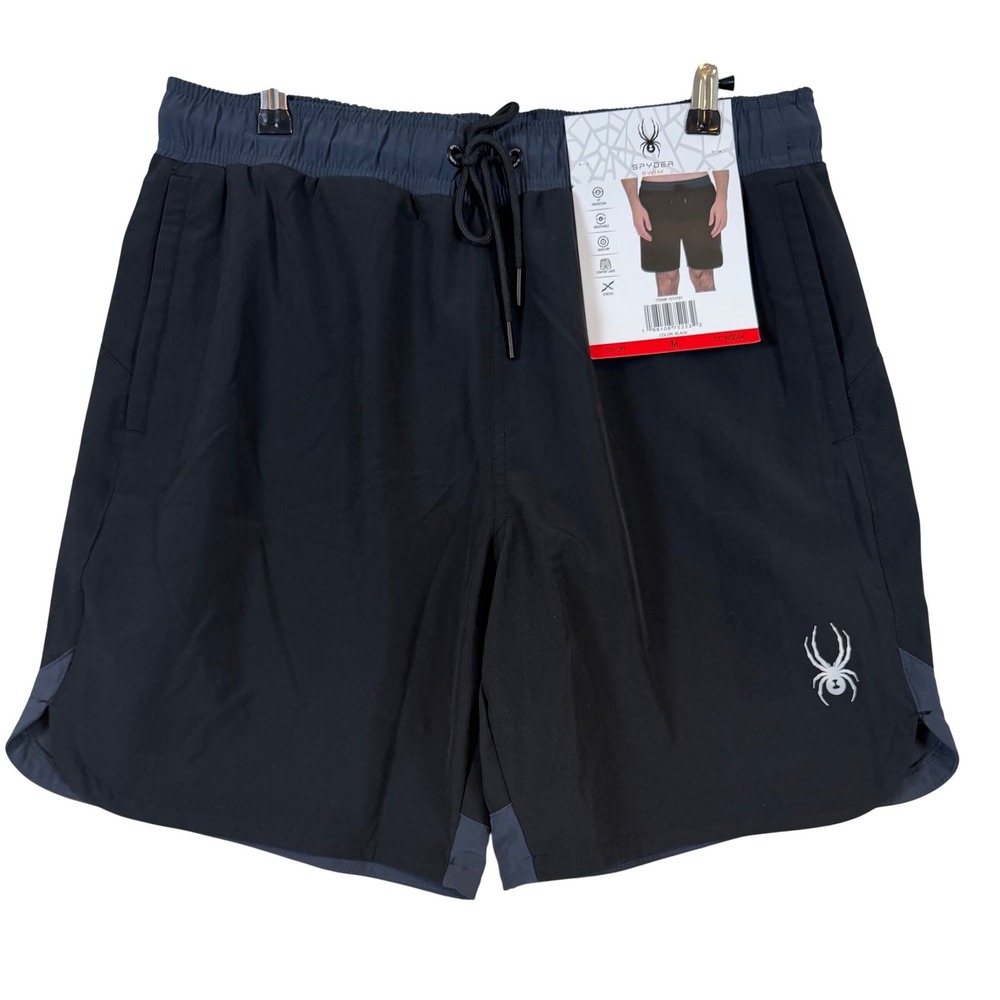 NWT Spyder Mens‎ Black Stretch Swim Trunks Board Shorts 7.5 Inseam •M• UPF Surf